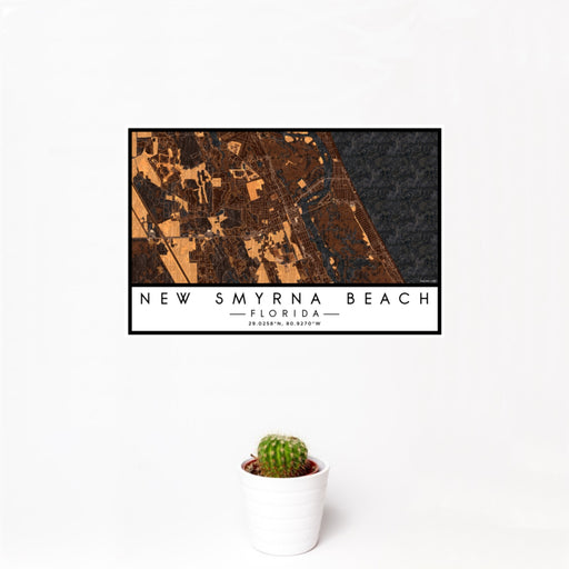 12x18 New Smyrna Beach Florida Map Print Landscape Orientation in Ember Style With Small Cactus Plant in White Planter