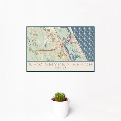 12x18 New Smyrna Beach Florida Map Print Landscape Orientation in Woodblock Style With Small Cactus Plant in White Planter