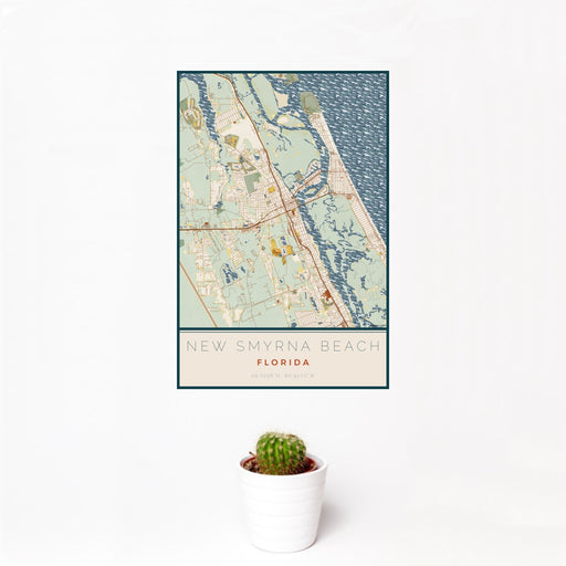 12x18 New Smyrna Beach Florida Map Print Portrait Orientation in Woodblock Style With Small Cactus Plant in White Planter