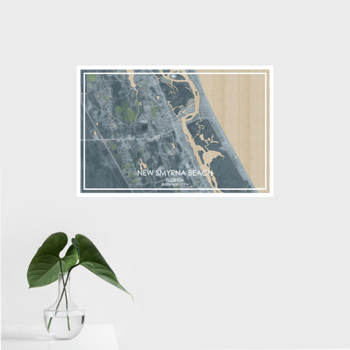 16x24 New Smyrna Beach Florida Map Print Landscape Orientation in Afternoon Style With Tropical Plant Leaves in Water