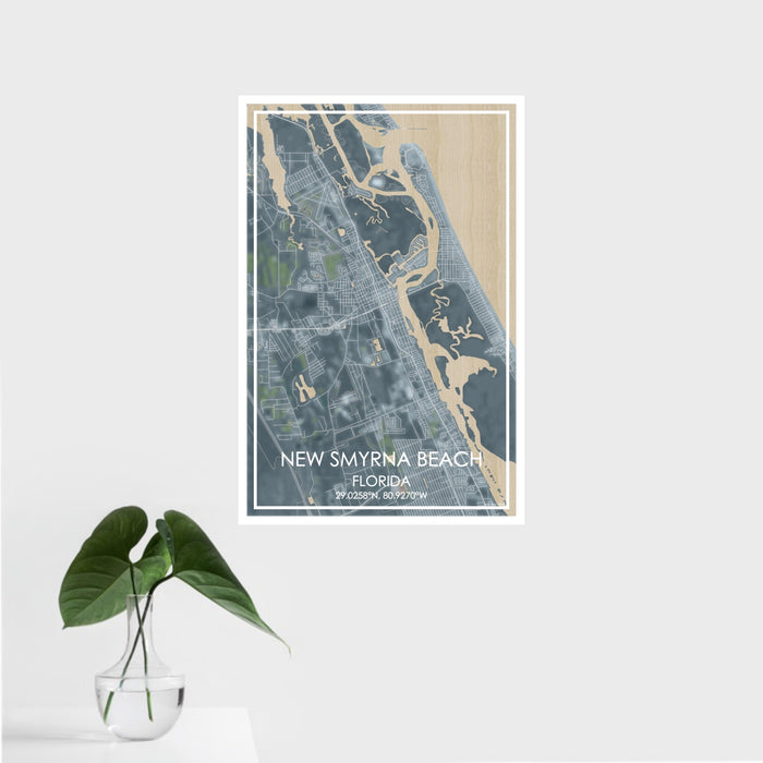 16x24 New Smyrna Beach Florida Map Print Portrait Orientation in Afternoon Style With Tropical Plant Leaves in Water