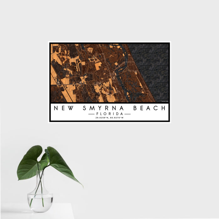 16x24 New Smyrna Beach Florida Map Print Landscape Orientation in Ember Style With Tropical Plant Leaves in Water