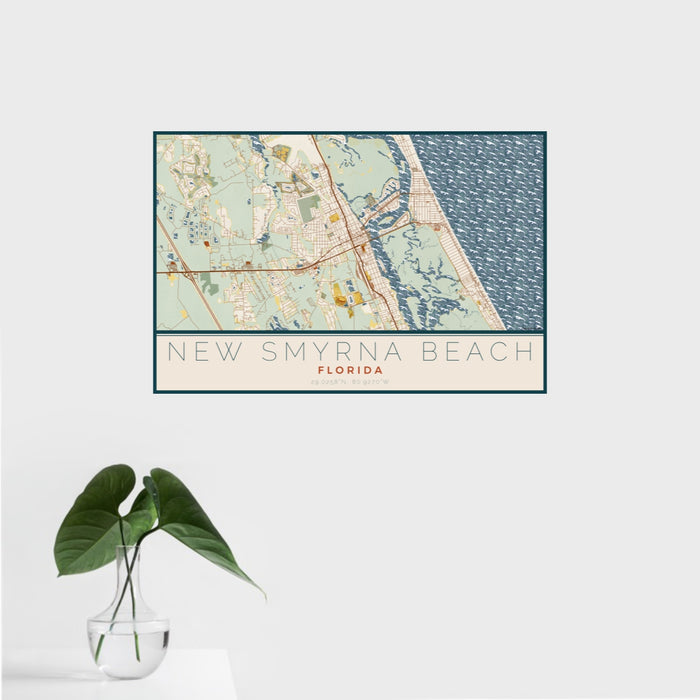 16x24 New Smyrna Beach Florida Map Print Landscape Orientation in Woodblock Style With Tropical Plant Leaves in Water