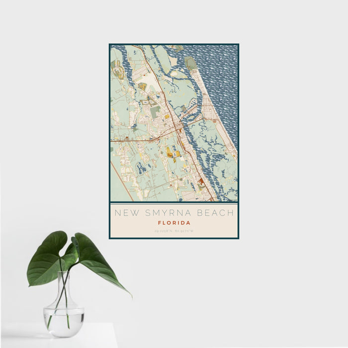 16x24 New Smyrna Beach Florida Map Print Portrait Orientation in Woodblock Style With Tropical Plant Leaves in Water