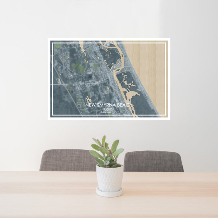 24x36 New Smyrna Beach Florida Map Print Lanscape Orientation in Afternoon Style Behind 2 Chairs Table and Potted Plant