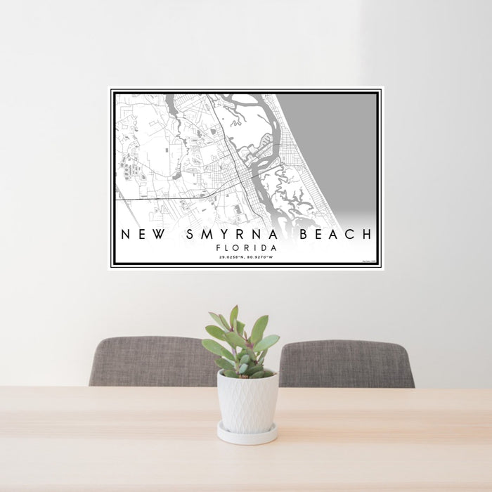 24x36 New Smyrna Beach Florida Map Print Lanscape Orientation in Classic Style Behind 2 Chairs Table and Potted Plant