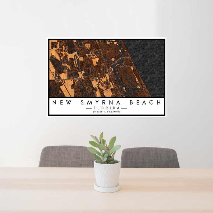 24x36 New Smyrna Beach Florida Map Print Lanscape Orientation in Ember Style Behind 2 Chairs Table and Potted Plant
