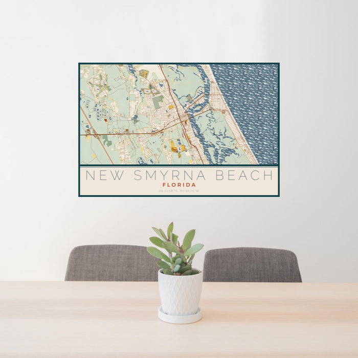 24x36 New Smyrna Beach Florida Map Print Lanscape Orientation in Woodblock Style Behind 2 Chairs Table and Potted Plant