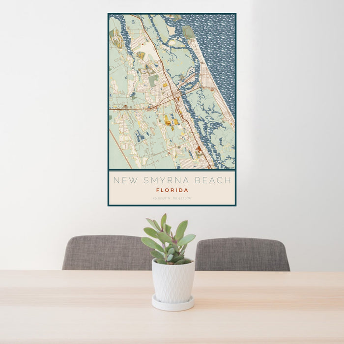 24x36 New Smyrna Beach Florida Map Print Portrait Orientation in Woodblock Style Behind 2 Chairs Table and Potted Plant