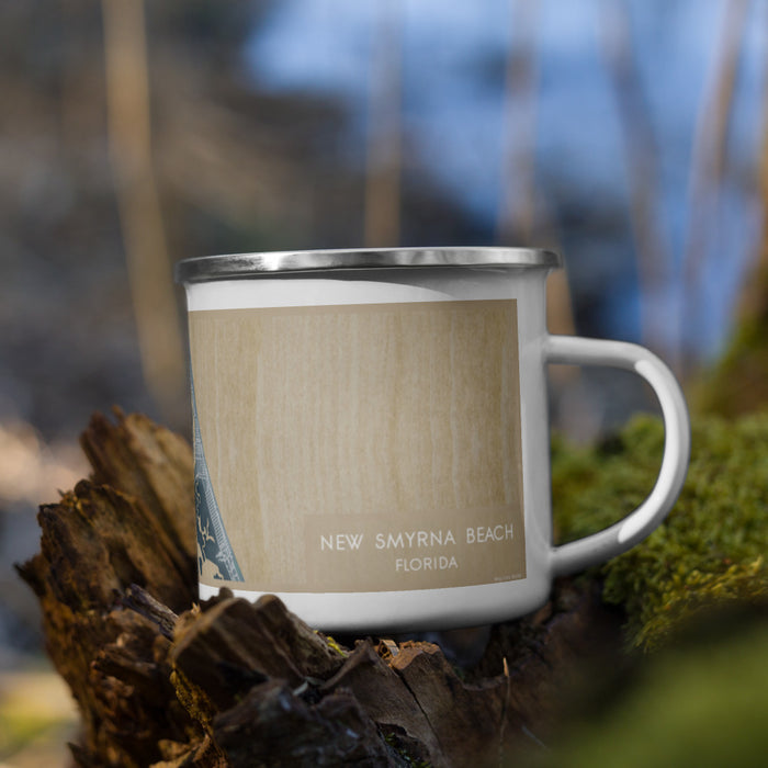 Right View Custom New Smyrna Beach Florida Map Enamel Mug in Afternoon on Grass With Trees in Background