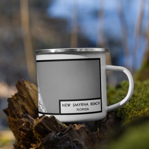 Right View Custom New Smyrna Beach Florida Map Enamel Mug in Classic on Grass With Trees in Background