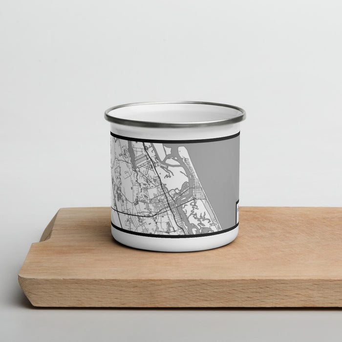 Front View Custom New Smyrna Beach Florida Map Enamel Mug in Classic on Cutting Board