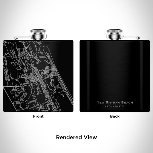 Rendered View of New Smyrna Beach Florida Map Engraving on 6oz Stainless Steel Flask in Black