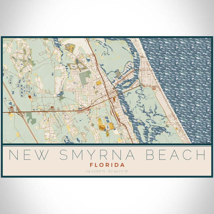 New Smyrna Beach Florida Map Print Landscape Orientation in Woodblock Style With Shaded Background