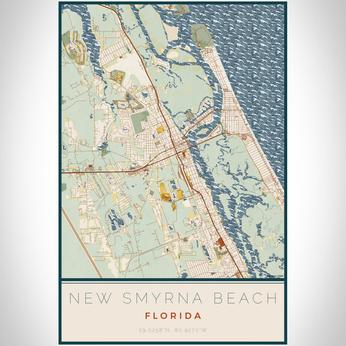 New Smyrna Beach Florida Map Print Portrait Orientation in Woodblock Style With Shaded Background
