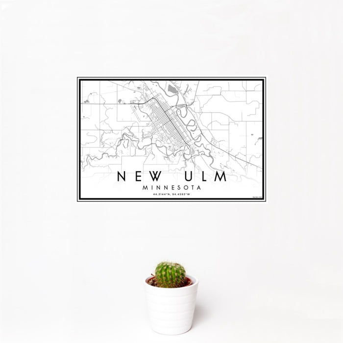12x18 New Ulm Minnesota Map Print Landscape Orientation in Classic Style With Small Cactus Plant in White Planter
