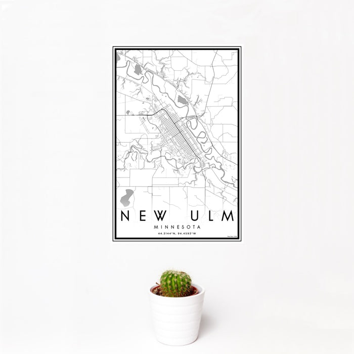 12x18 New Ulm Minnesota Map Print Portrait Orientation in Classic Style With Small Cactus Plant in White Planter