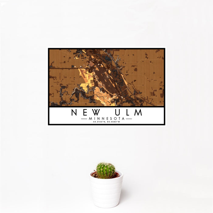 12x18 New Ulm Minnesota Map Print Landscape Orientation in Ember Style With Small Cactus Plant in White Planter