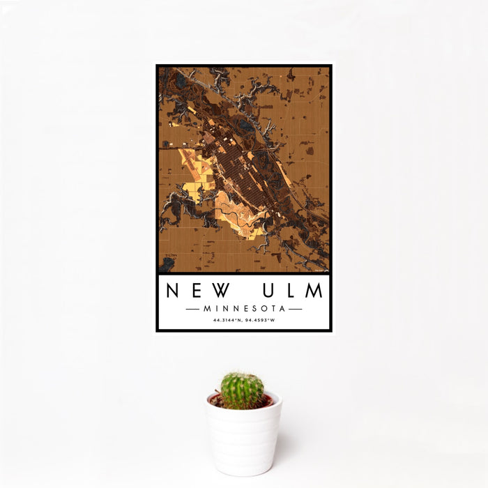 12x18 New Ulm Minnesota Map Print Portrait Orientation in Ember Style With Small Cactus Plant in White Planter