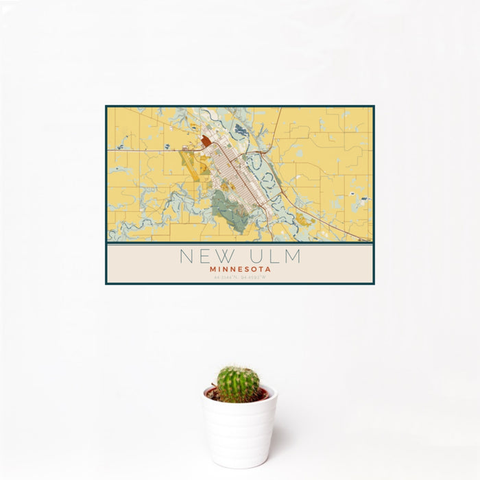 12x18 New Ulm Minnesota Map Print Landscape Orientation in Woodblock Style With Small Cactus Plant in White Planter