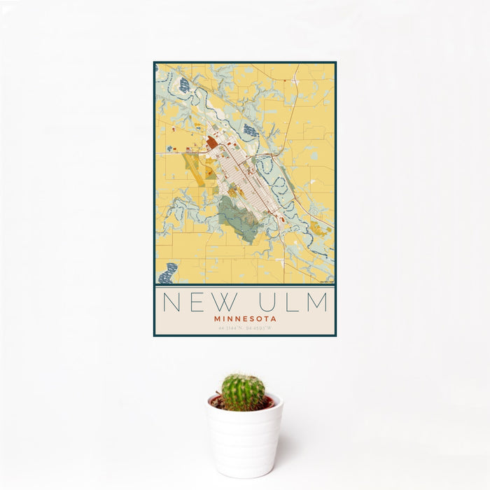 12x18 New Ulm Minnesota Map Print Portrait Orientation in Woodblock Style With Small Cactus Plant in White Planter