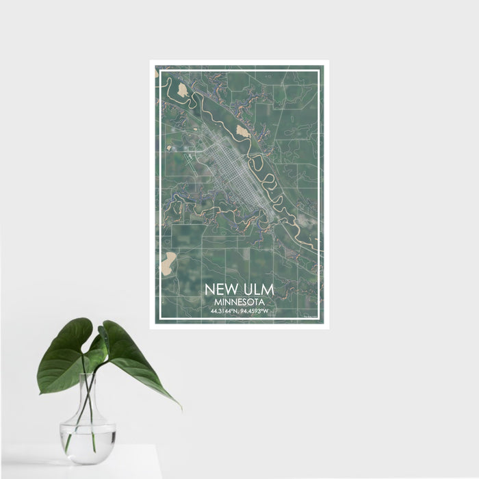 16x24 New Ulm Minnesota Map Print Portrait Orientation in Afternoon Style With Tropical Plant Leaves in Water