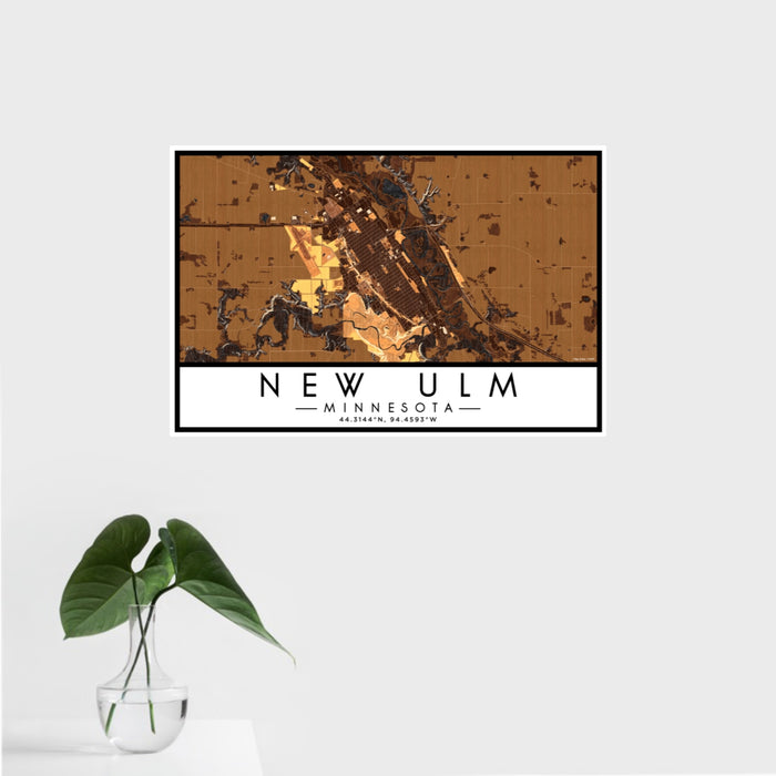 16x24 New Ulm Minnesota Map Print Landscape Orientation in Ember Style With Tropical Plant Leaves in Water