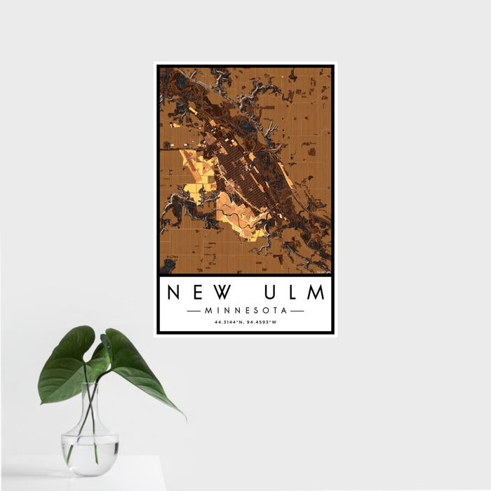 16x24 New Ulm Minnesota Map Print Portrait Orientation in Ember Style With Tropical Plant Leaves in Water