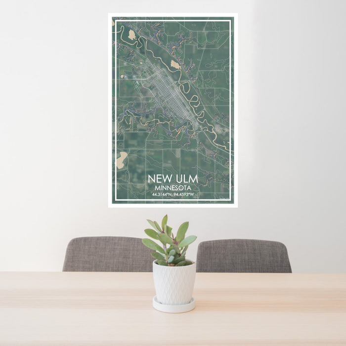 24x36 New Ulm Minnesota Map Print Portrait Orientation in Afternoon Style Behind 2 Chairs Table and Potted Plant