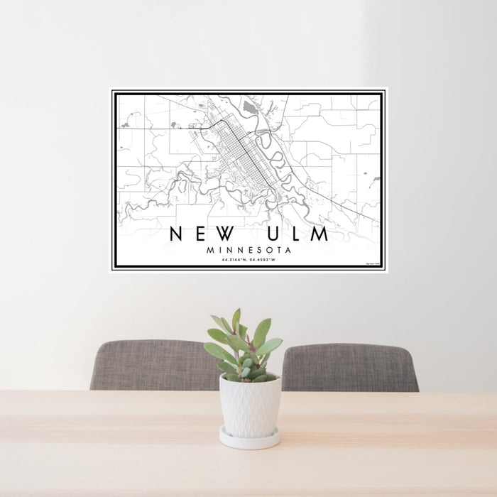 24x36 New Ulm Minnesota Map Print Lanscape Orientation in Classic Style Behind 2 Chairs Table and Potted Plant