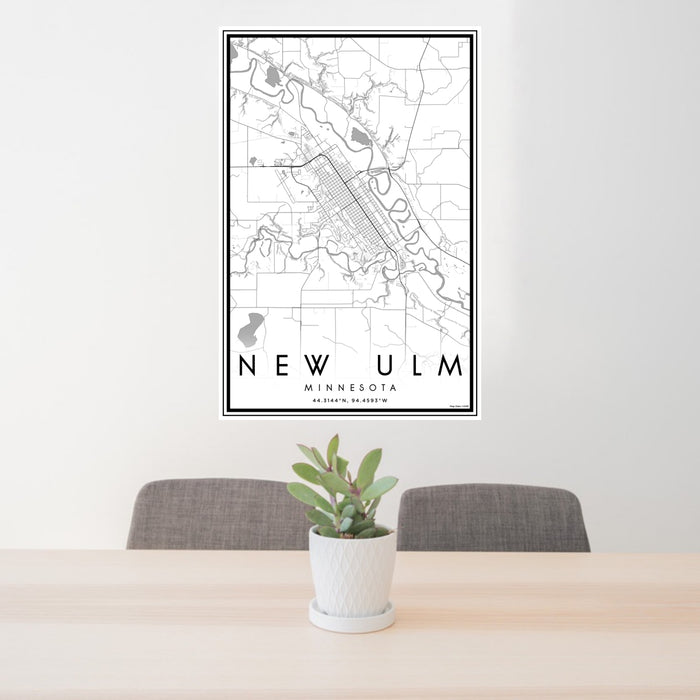 24x36 New Ulm Minnesota Map Print Portrait Orientation in Classic Style Behind 2 Chairs Table and Potted Plant