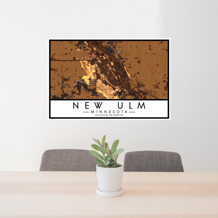 24x36 New Ulm Minnesota Map Print Lanscape Orientation in Ember Style Behind 2 Chairs Table and Potted Plant