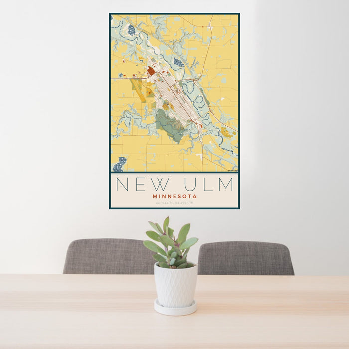 24x36 New Ulm Minnesota Map Print Portrait Orientation in Woodblock Style Behind 2 Chairs Table and Potted Plant