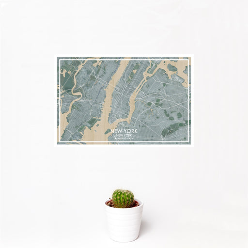 12x18 New York New York Map Print Landscape Orientation in Afternoon Style With Small Cactus Plant in White Planter