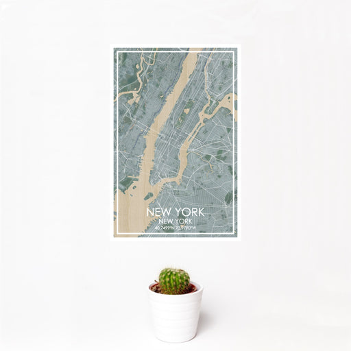 12x18 New York New York Map Print Portrait Orientation in Afternoon Style With Small Cactus Plant in White Planter