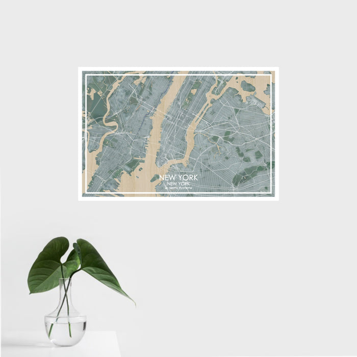 16x24 New York New York Map Print Landscape Orientation in Afternoon Style With Tropical Plant Leaves in Water