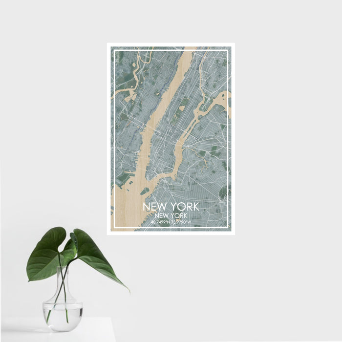 16x24 New York New York Map Print Portrait Orientation in Afternoon Style With Tropical Plant Leaves in Water