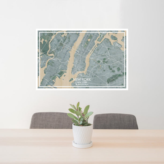 24x36 New York New York Map Print Lanscape Orientation in Afternoon Style Behind 2 Chairs Table and Potted Plant