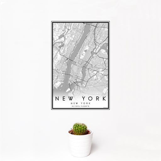 12x18 New York New York Map Print Portrait Orientation in Classic Style With Small Cactus Plant in White Planter