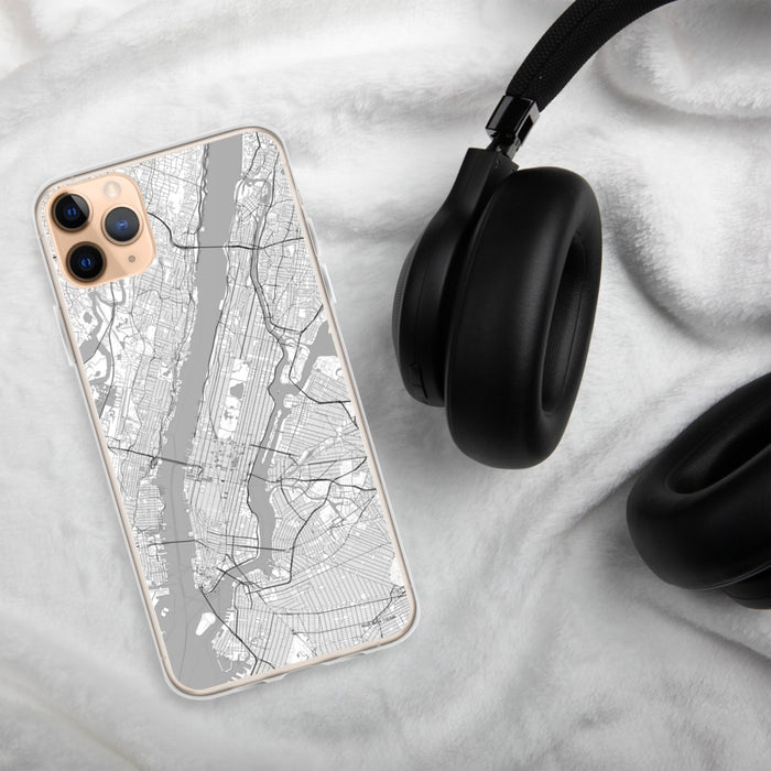 Custom New York New York Map Phone Case in Classic on Table with Black Headphones