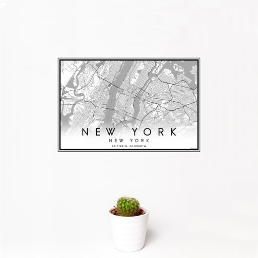 12x18 New York New York Map Print Landscape Orientation in Classic Style With Small Cactus Plant in White Planter