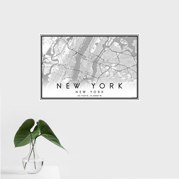 16x24 New York New York Map Print Landscape Orientation in Classic Style With Tropical Plant Leaves in Water