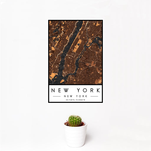 12x18 New York New York Map Print Portrait Orientation in Ember Style With Small Cactus Plant in White Planter