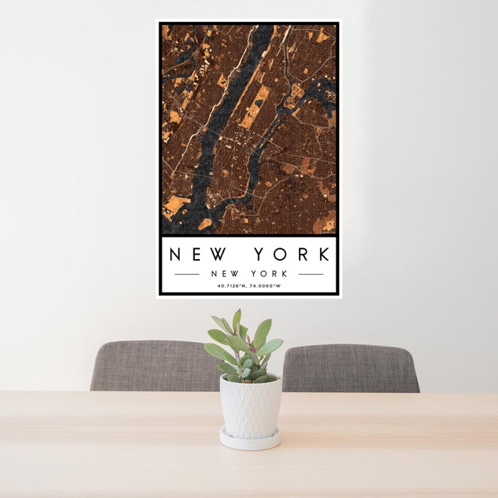 24x36 New York New York Map Print Portrait Orientation in Ember Style Behind 2 Chairs Table and Potted Plant
