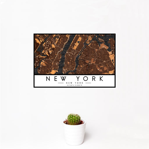 12x18 New York New York Map Print Landscape Orientation in Ember Style With Small Cactus Plant in White Planter