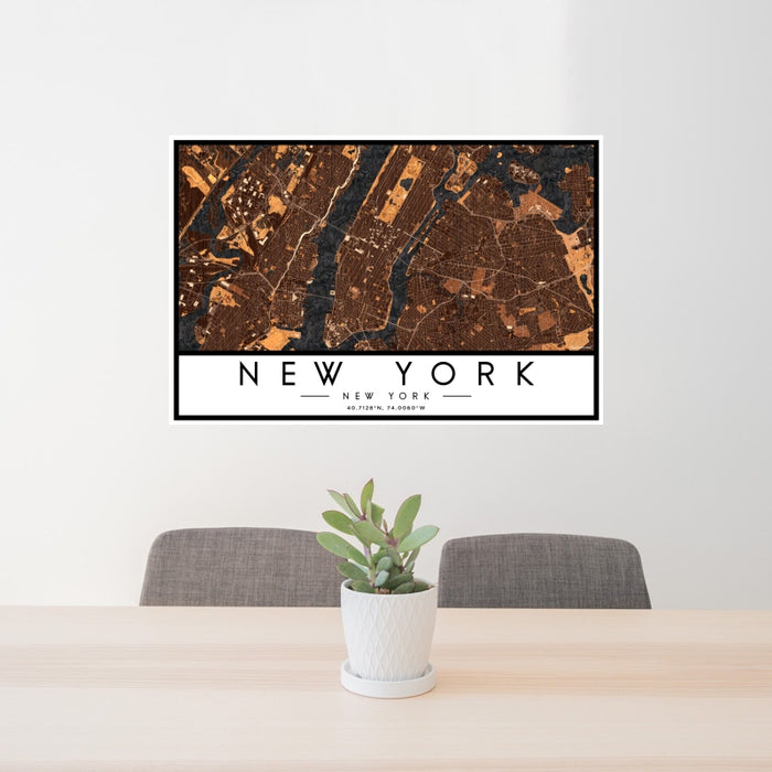24x36 New York New York Map Print Landscape Orientation in Ember Style Behind 2 Chairs Table and Potted Plant