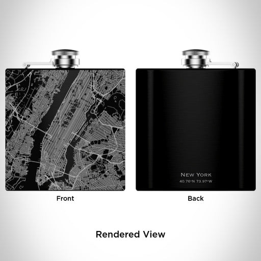 Rendered View of New York New York Map Engraving on 6oz Stainless Steel Flask in Black