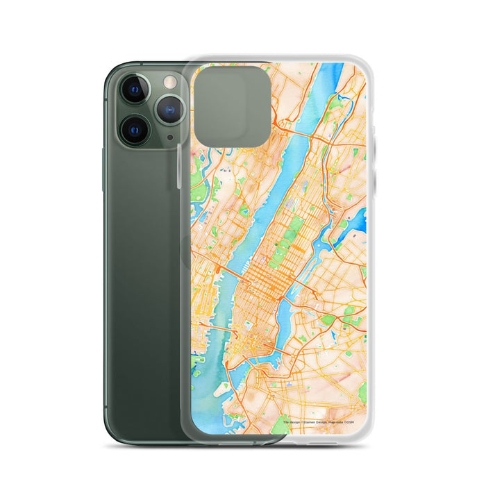 Custom New York New York Map Phone Case in Watercolor on Table with Laptop and Plant