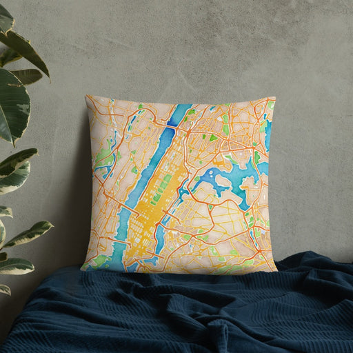 Custom New York New York Map Throw Pillow in Watercolor on Bedding Against Wall