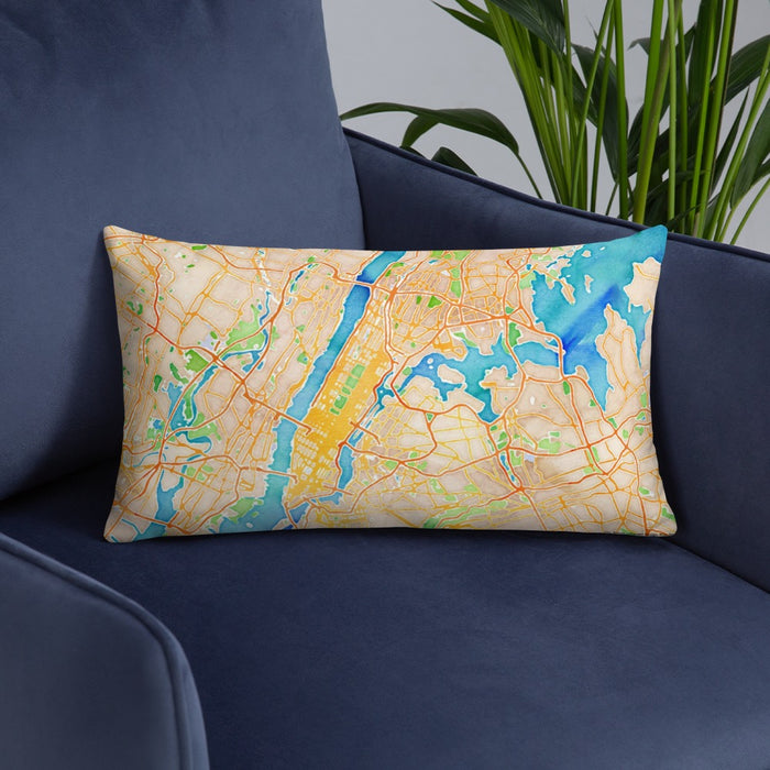 Custom New York New York Map Throw Pillow in Watercolor on Blue Colored Chair